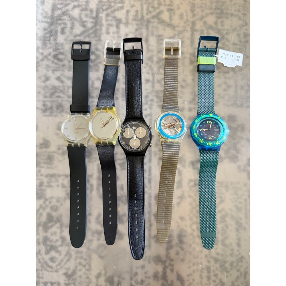 Lot of 5 Vintage Swatch Watches 80s 90s Scuba Skeleton Chronograph Parts/Repair